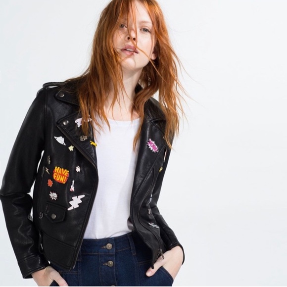 Zara Faux Leather Biker Jacket with Fun Pins - Picture 2 of 9